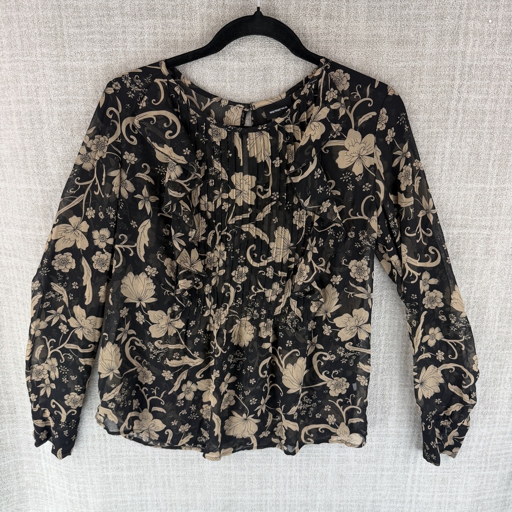 WHO WHAT WEAR Blouse Womens S Black Hawaiian Round Neck Pleated Ruffle Chiffon